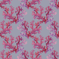 Marine seamless pattern red corals, plants. Watercolor illustration Underwater background. Ocean nature. On grey. Summer vibes, Sea bottom. For fabric, wrapping paper, wallpaper print decoration