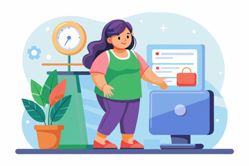 AdobeA woman is standing next to a computer and a scale. In the room, a woman is standing casually next to a computer and a scale, appearing relaxed in the setting