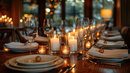 A dinner table lit with the soft glow of candles and set with elegant glassware and plates, creating a cozy and intimate dining experience.