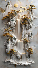3d Bas-relief, Volumetric stucco molding on a concrete wall with golden elements, Japanese landscape, waterfall, mountains.