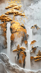 3d Bas-relief, Volumetric stucco molding on a concrete wall with golden elements, Japanese landscape, waterfall, mountains.