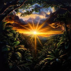 A breathtaking sunset shines through the lush canopy of a tropical jungle, casting a golden glow across the landscape.