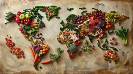 World Map Created from Fresh Fruits and Vegetables Healthy Eating, Food Art Nutrition Concept