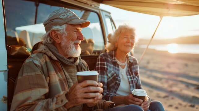 A lovely senior couple with vintage camper van at sea beach in summer vacation