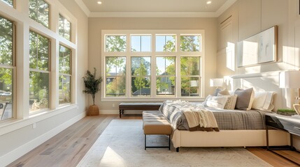 Gorgeous modern farmhouse bedroom with large windows, soft lighting and comfortable furniture in an elegant setting. The room features wood flooring and a natural landscape outside the glass.