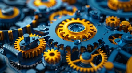 Modern industrial style, mechanical gears work in close coordination, accent vibrant blue and yellow