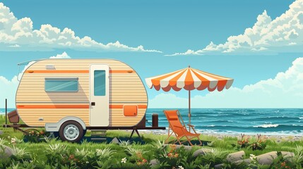 Flat vector illustration of RV camper trailer in beautiful beach outdoors