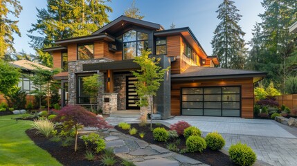 Modern suburban homes with distinctive architectural styles and landscaped yards
