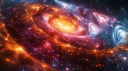 Enchanting abstract illustration of quantum electrons, intertwining with advanced scientific technology, featuring swirling patterns and luminescent colors that capture the essence of modern science.