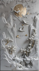 Obraz premium 3d Bas-relief, Volumetric stucco molding on a concrete wall with golden elements, Japanese landscape, waterfall, mountains.