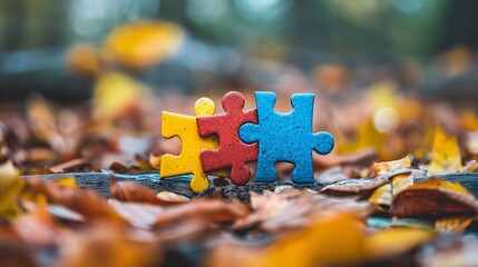 Three Colorful Puzzle Pieces on Autumn Leaves