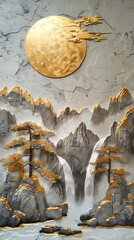 3d Bas-relief, Volumetric stucco molding on a concrete wall with golden elements, Japanese landscape, waterfall, mountains.