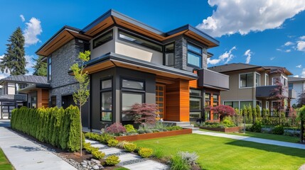 Fototapeta premium Modern suburban homes with distinctive architectural styles and landscaped yards