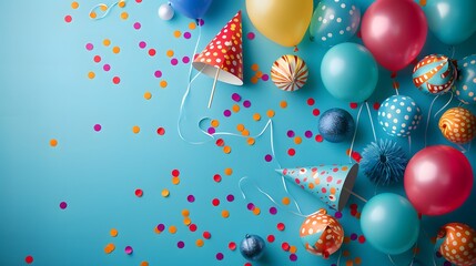A blue background with party hats and balloons for an end-of-year celebration. Web banner with empty space on the right.
