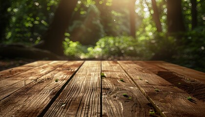 Closeup Empty wooden table in a sunny summer forest setting