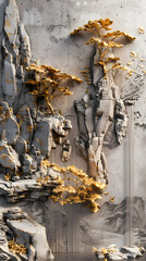 Fototapeta premium 3d Bas-relief, Volumetric stucco molding on a concrete wall with golden elements, Japanese landscape, waterfall, mountains.