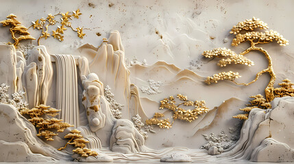 3d Bas-relief, Volumetric stucco molding on a concrete wall with golden elements, Japanese landscape, waterfall, mountains.