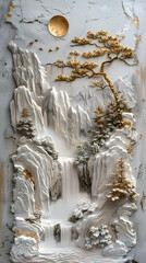 3d Bas-relief, Volumetric stucco molding on a concrete wall with golden elements, Japanese landscape, waterfall, mountains.