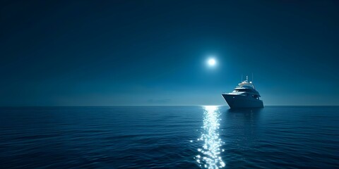 Obraz premium A big boat peacefully sails under the bright moon in a calm ocean. Concept That sounds like a beautiful scene! Do you want to know more about boats, oceans, or photography for this setting?