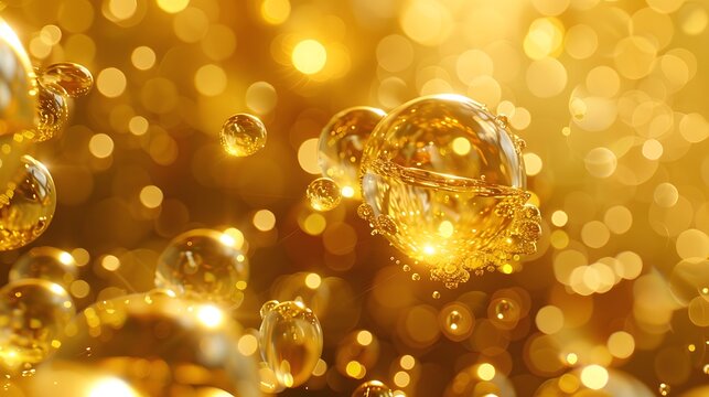 Animated illustration showing oil bubbles floating in golden liquid against an elegant background. conveys luxury and richness with the bright gold color, creating a visually stunning display.