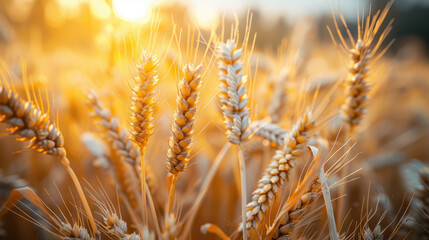 Golden wheat field shining under the light of the setting sun