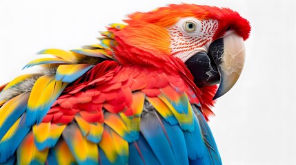 Obraz premium Scarlet macaw parrot in vibrant colors, isolated on a white background, studio shot. capturing the essence of its majestic beauty in a clean and simple composition.