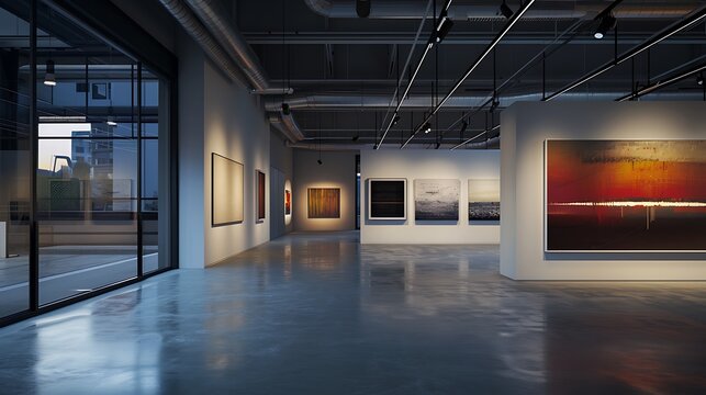 contemporary art gallery with movable walls, versatile lighting options, and spaces designed specifically for interactive art installations