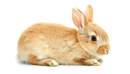 Brown rabbit sitting on white background looking to the right