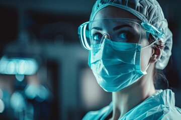 Focused female surgeon in blue scrubs and a surgical mask, illuminated by operating lights, epitomizes precision and dedication in a high-stakes environment