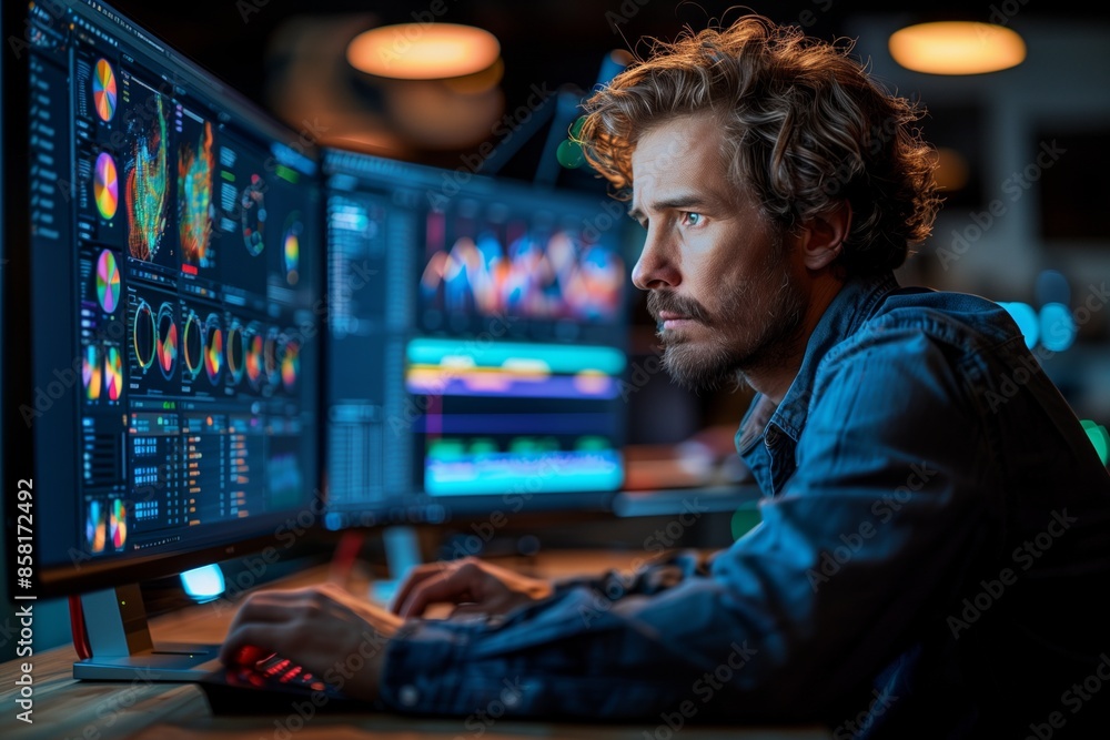 Poster man working late at night on computer with data analysis