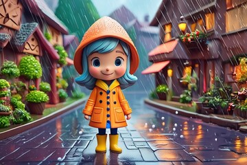 Obraz premium Clay art, a little girl in a raincoat standing in the rain on the street of a fairy tale city.
