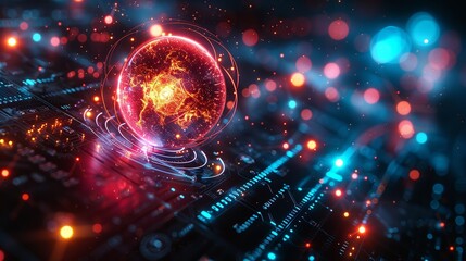 Obraz premium Mesmerizing abstract image of quantum electrons within a scientific technology framework, using vivid colors and intricate patterns to evoke a sense of energy and futuristic innovation. Illustration,