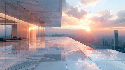 Bright sunlit rooftop with modern architecture overlooking the city skyline, with a detailed marble floor and sunset sky.