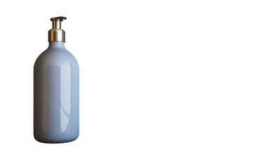 A blue dispenser bottle with a metallic pump on a white background, illustrating product packaging design. 3D Rendering