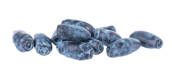 Honeysuckle isolated on white background. Fresh honeysuckle blue berry fruits. Clipping path.