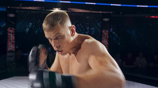 Portrait of the Opponent in Our Fighter&rsquo;s POV, Each Feint and Move Calculated. Camera Tilts and Swings With Every Dodge and Strike, Bringing the MMA Octagon Action to Life