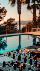 close up of a dj console, at a pool party in vertical format 