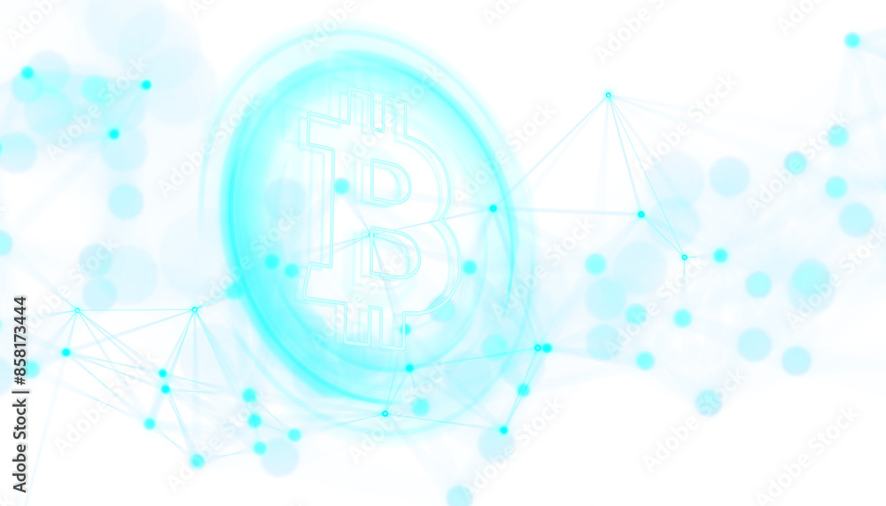 Poster A stylized Bitcoin symbol with a network motif on a white background, depicting the concept of digital currency and blockchain technology