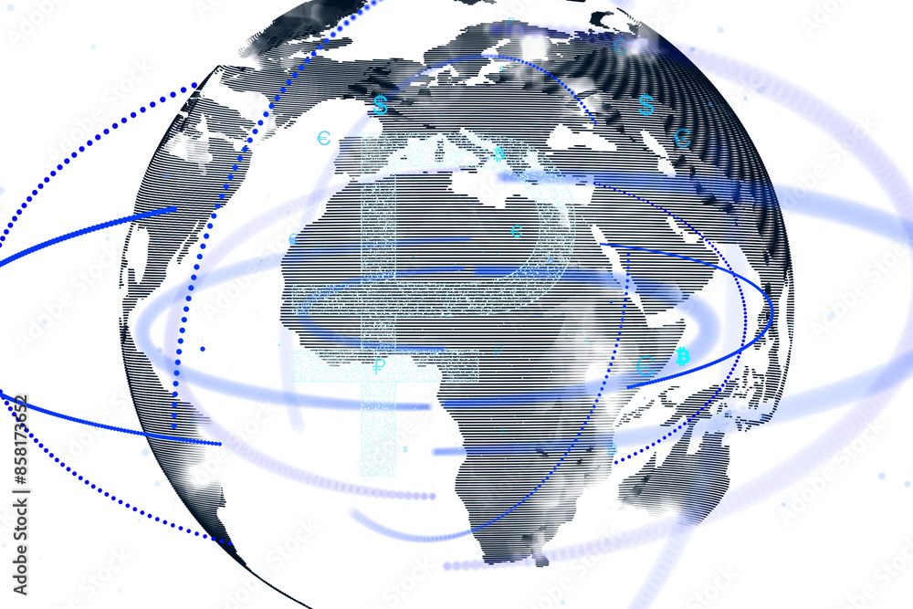 Poster Abstract digital world map with blue connectivity lines on a white background, representing global communication networks