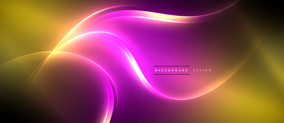 Neon glowing circle rays, light round lines in the dark, planet style neon wave lines. Energetic electric concept design for wallpaper, banner, background