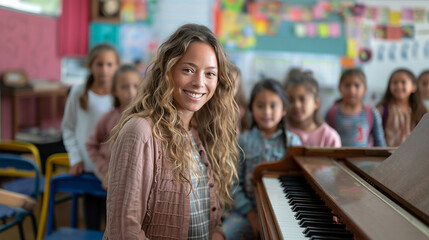 Obraz premium A music teacher playing the piano in a class of elementary school children.
