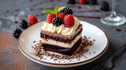 Layered dessert with chocolate cake and whipped cream