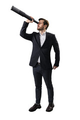 A man in a suit looking through a large telescope, isolated on a white background, depicting the...