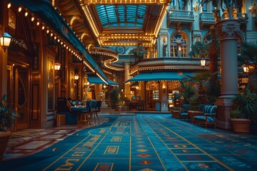 Obraz premium Luxury casino interior with roulette table and chairs. 3D rendering