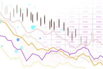 A colorful digital stock market chart with lines, dots, and candlestick graphs representing financial data on a grid background, concept of financial analysis