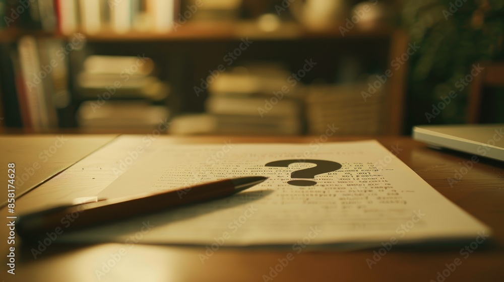 Poster close up view of a question mark on a paper on a desk
