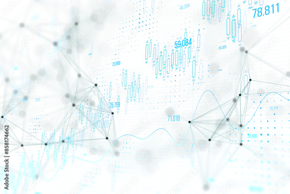 Canvas Prints Abstract digital background with blue lines, dots, and numerical data on a white gradient background, symbolizing connectivity and data analysis