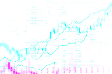 Abstract financial chart with candlestick and line graph on a blue and white background, concept of stock market analysis