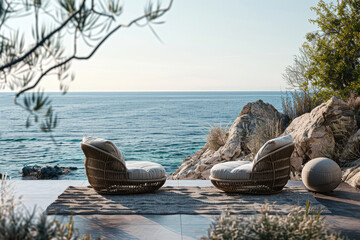 Two empty lounge chairs facing the sea on a patio overlooking the ocean