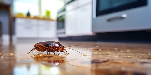 Remove cockroaches from kitchen floor through effective pest control methods. Concept Pest Control, Kitchen Cleanliness, Cockroach Infestation, Prevention Methods